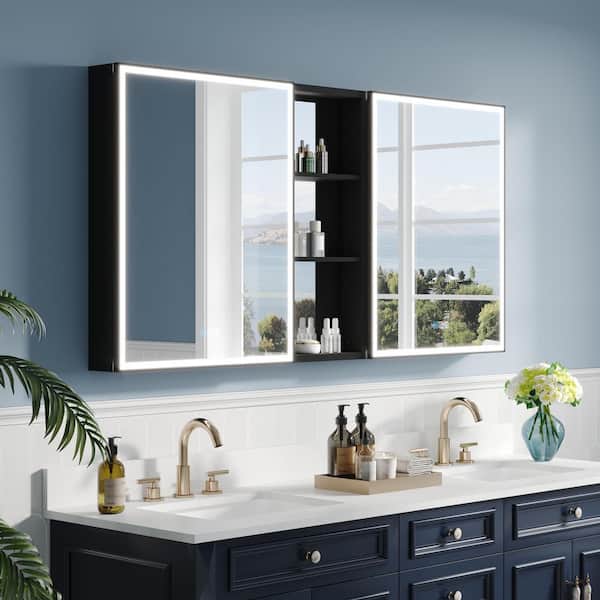 ANGELES HOME 60 in. W. x 30 in. H Rectangular Black Aluminum Recessed/Surface Mount LED Medicine Cabinet with Mirror, Double Doors
