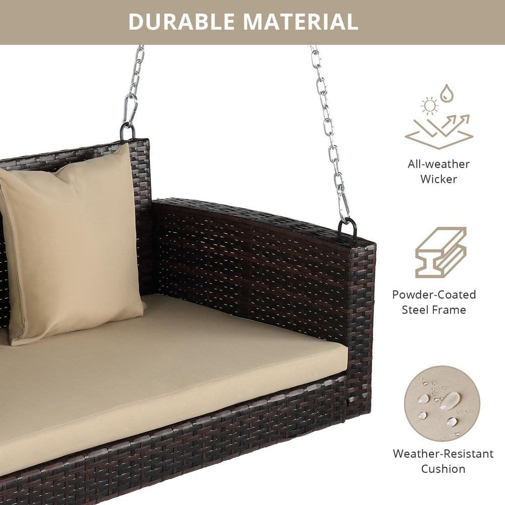 Brown Wicker Steel Porch Swing with Beige Cushions