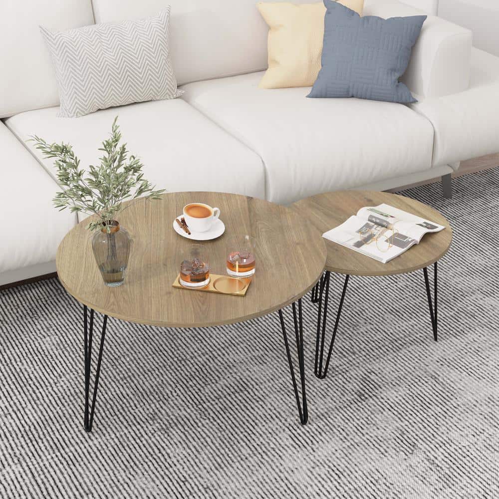 Rustic Brown Round Nesting Coffee Table Set with MDF Top