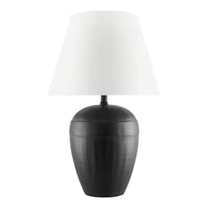Prestwick 23.75 in. Black Artisan Ceramic Table Lamp with White Linen Bell Shade