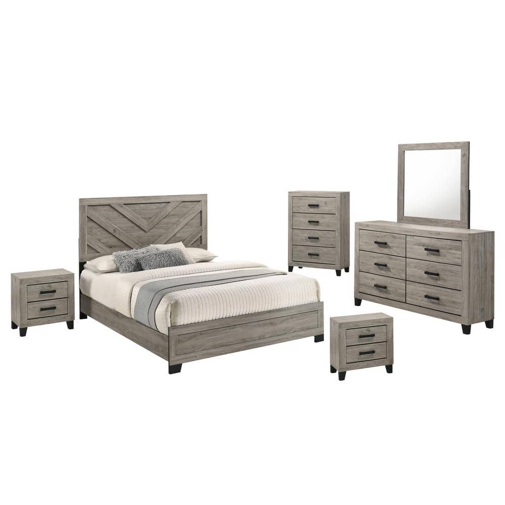 Light Gray Solid Wood Queen Panel Bedroom Set with Black Accents