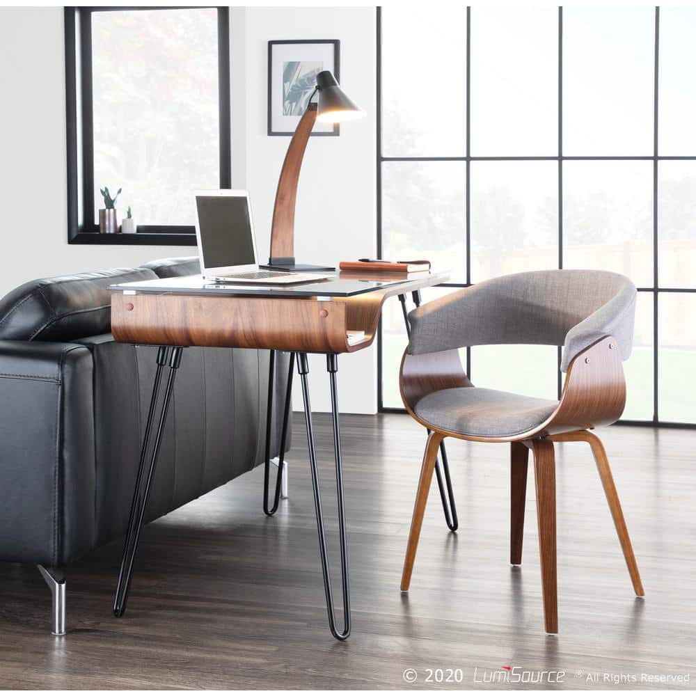 Set of 2 Light Grey Upholstered Walnut Wood Arm Chairs