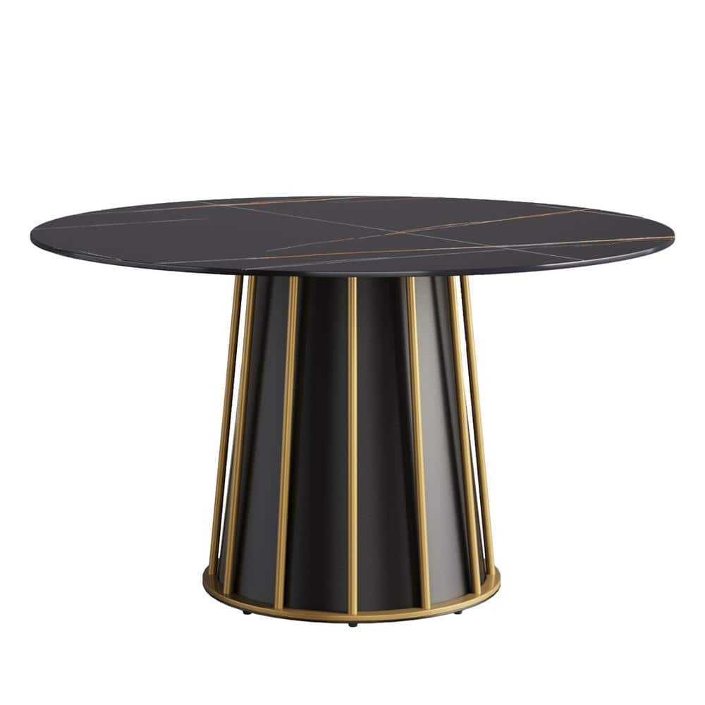 53.15 in. Black Sintered Stone Round Tabletop Black Pedestal Base Kitchen Dining Table (Seats-6) -  Magic Home, MH-A-RD135B-4B