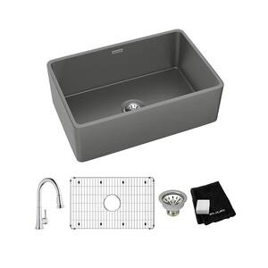 Gray Fireclay 30 in. Single Bowl Farmhouse Apron Kitchen Sink Kit with Faucet