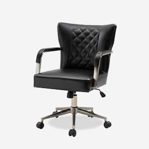 Falko Black Faux Leather Polyurethane Elegant Diamond-Tufted Swivel Task Chair with Height-Adjustable Legs