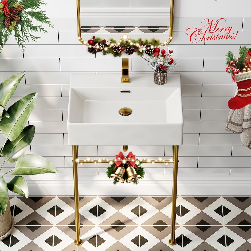 24 Inch White Ceramic Console Sink with Gold Metal Legs
