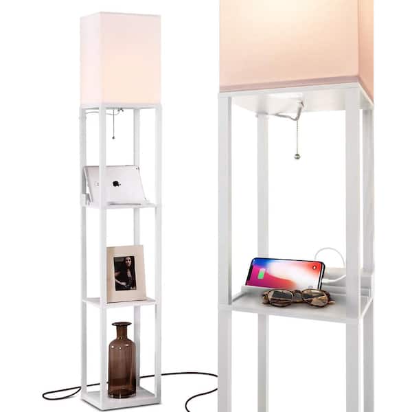 Brightech Maxwell 63 in. White Traditional 1-Light USB Charging LED 3-Shelf Floor Lamp with White Fabric Square Shade