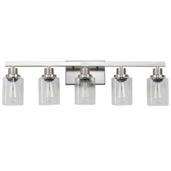 31.1 in. 5-Light Rustic Nickel Bathroom Vanity Light with Clear Glass Shades for Mirror, Vanity (Bulb Not Included)