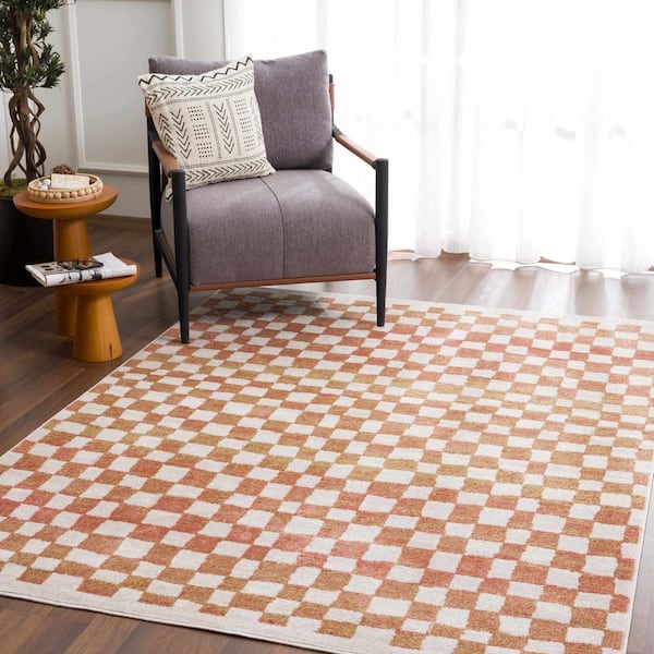 Hauteloom Beige/Orange 2 ft. x 3 ft. Pertek Checkered Square Tile Distressed Rectangle Area Rug