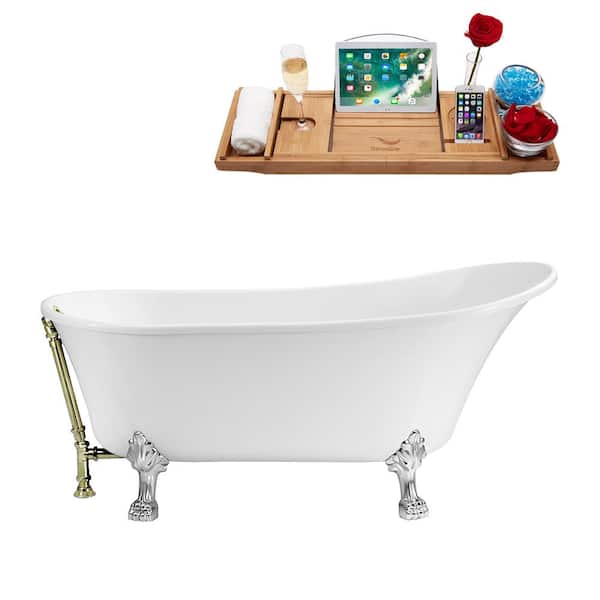 Streamline 63 in. Acrylic Clawfoot Non-Whirlpool Bathtub in Glossy White With Polished Chrome Clawfeet And Brushed Nickel Drain