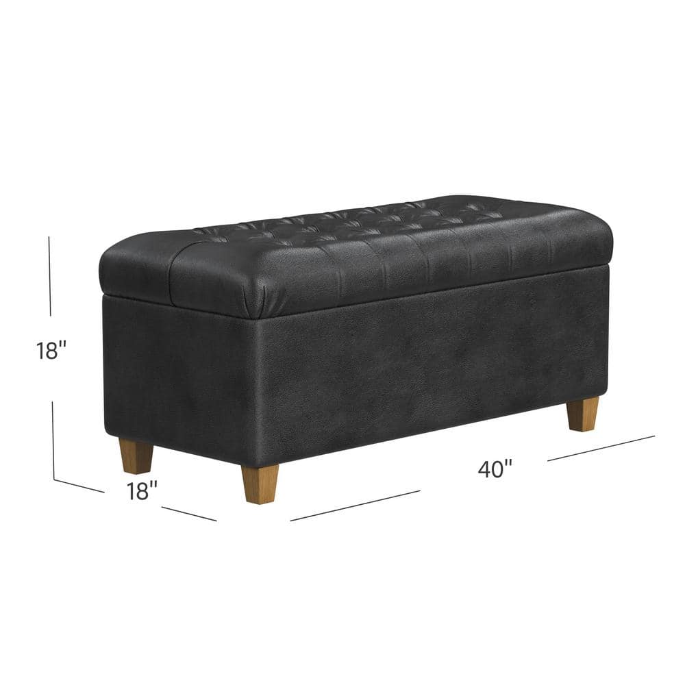 Black Faux Leather Tufted Storage Cocktail Bench with Oak Legs