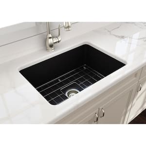 Sotto Undermount Fireclay 27 in. Single Bowl Kitchen Sink with Bottom Grid and Strainer in Matte Black
