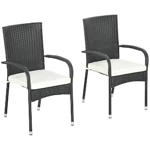 Set of 2 Stackable PE Rattan Outdoor Patio Wicker Dining Chair with Armrests, Backrest Cream and White Cushions