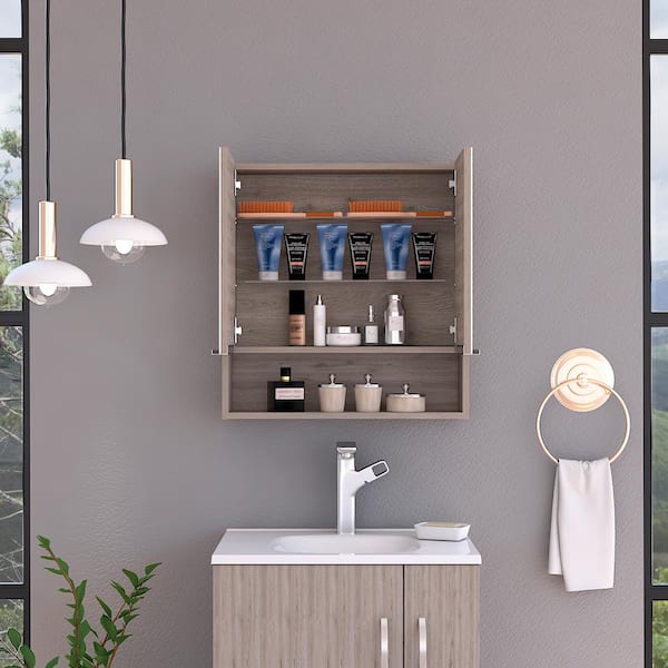 Zeus & Ruta Beige 23.6 in. W x 24.6 in. H Rectangular Particle Board Mirror Medicine Cabinet with Mirror Surface Mount Double Door