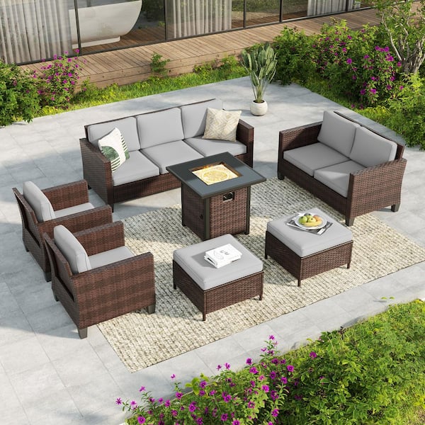 7-Pieces Patio Conversation Set with Square Fire Pit Table and Loveseat, Brown Wicker with Gray Cushions