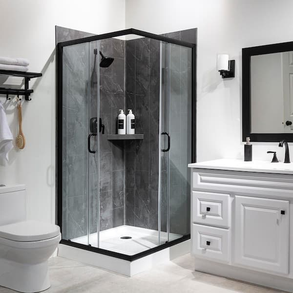 PALISADE 36 in. x 78 in. 2-Piece Glue-Up Corner Shower Wall, Shelf, Trim Kit in Cracked Slate