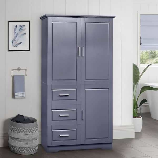 Zeus & Ruta 33 in. W x 20 in. D x 62 in. H Gray Linen Cabinet with Doors and 3-Drawers