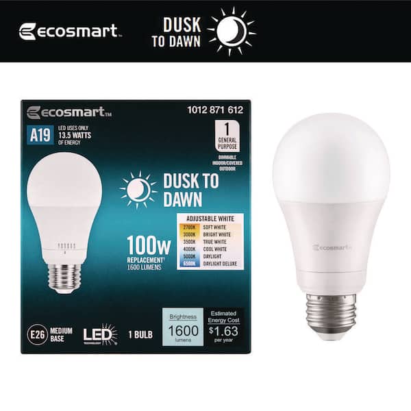 100-Watt Equivalent A19 E26 Base Dimmable Dusk to Dawn LED Light Bulb with Selectable Color Temperature (1-Pack)