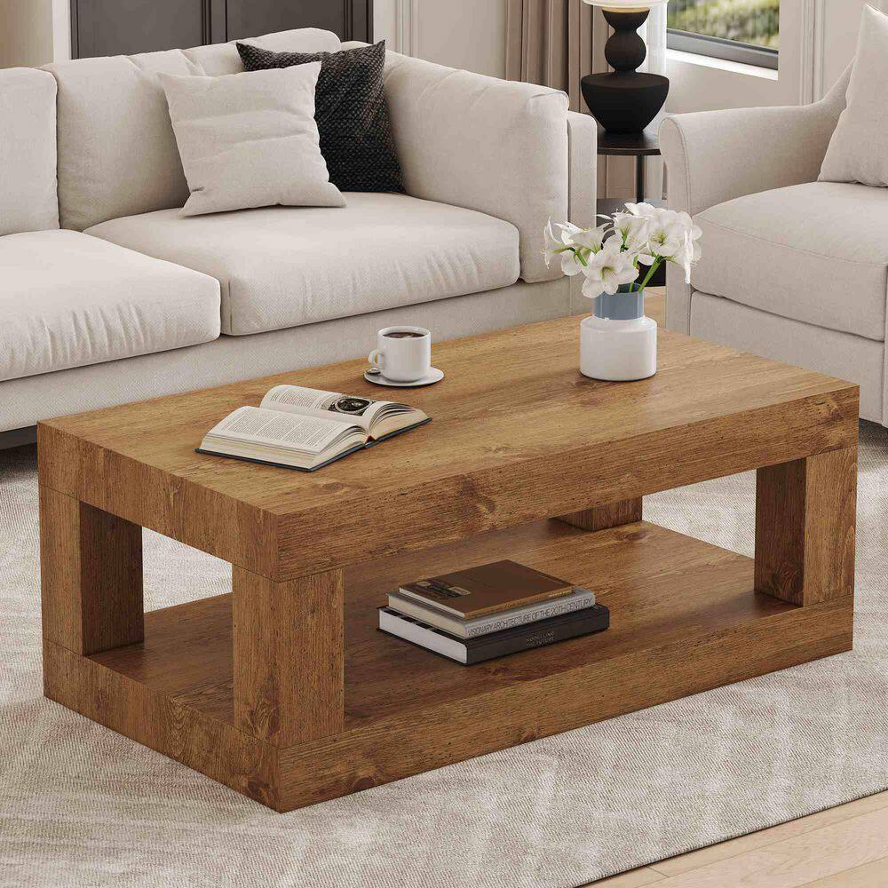 39.37 in. Natural Wood Rectangle MDF Top Coffee Table with Open Storage Shelf