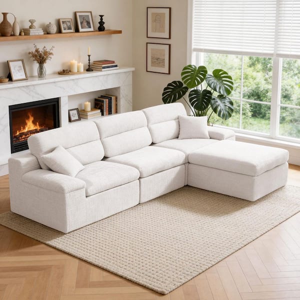 Magnus 110.63 in. 4-Piece Chenille Modular Sleeper Compressed Sectional Sofa in Beige with Ottoman