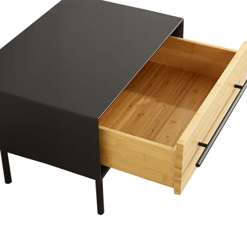 Black and Natural Bamboo 1-Drawer Nightstand with Metal Handle