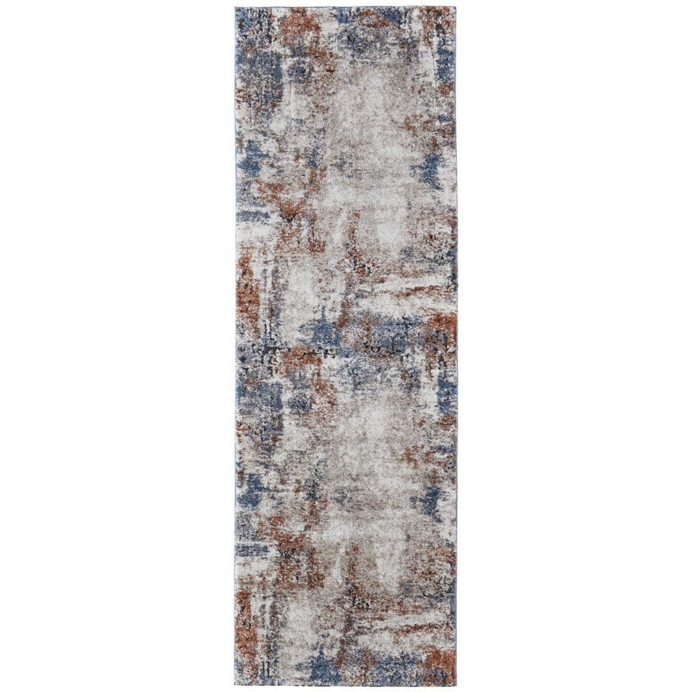 HomeRoots 2 ft. x 8 ft. Blue, Gray, Brown Abstract Runner Rug ...