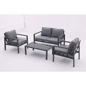 4-Piece Aluminum Outdoor Sectional Sofa Set with Gray Cushions and Tempered Glass Coffee Table for Poolside Deck