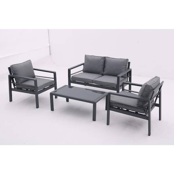 Zeus & Ruta 4-Piece Aluminum Outdoor Sectional Sofa Set with Gray Cushions and Tempered Glass Coffee Table for Poolside Deck