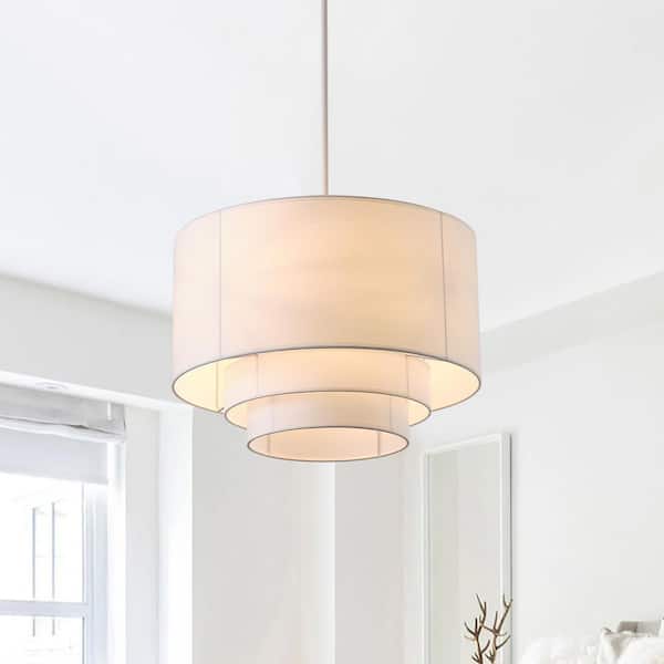 aiwen 21.65 in. 4-Light Modern Off White Chandelier Drum Hanging Light Fixture with 3-Layer Fabric Shades