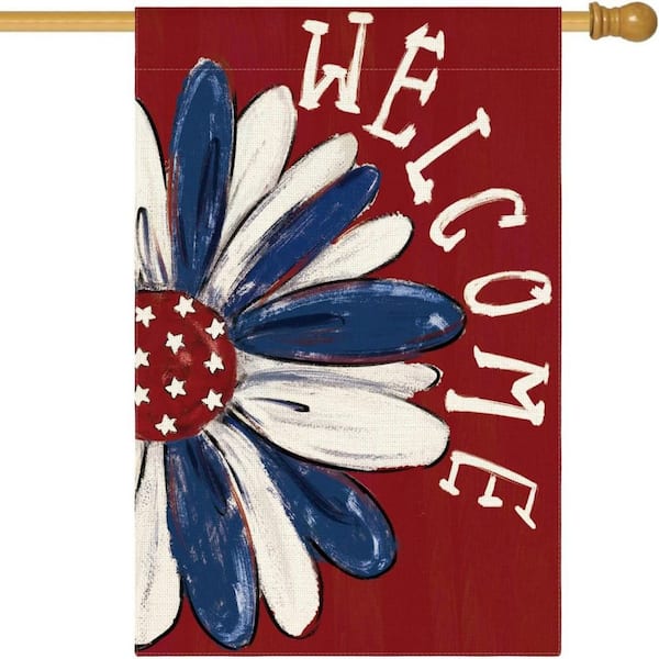Cubilan Patriotic American Independence Day Flag 28 x 40 in. Double Sided Outdoor, Red Floral Welcome Daisy Yard Outdoor Decor