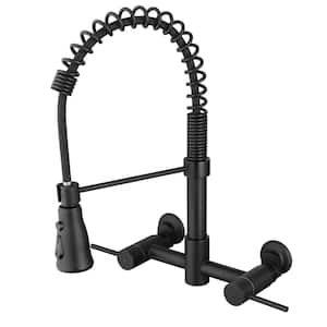 Double-Handle Pull Down Sprayer Kitchen Faucet with Advanced Spray 2-Hole Wall Mounted Kitchen Sink Taps in Matte Black