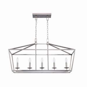 Weyburn 5-Light Brushed Nickel Caged Rectangular Linear Farmhouse Chandelier for Dining Room