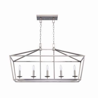 Weyburn 5-Light Brushed Nickel Caged Rectangular Chandelier, Linear Farmhouse Dining Room Pendant, Lantern Island Light