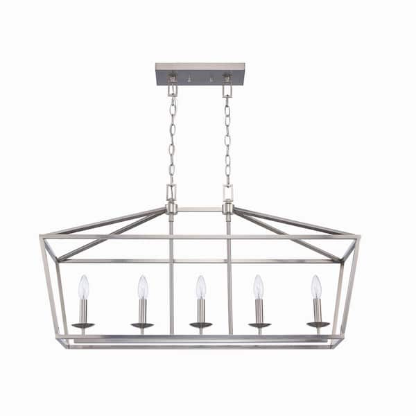 Home Decorators Collection Weyburn 36 in. 5-Light Brushed Nickel Farmhouse Linear Chandelier Light Fixture with Caged Metal Shade