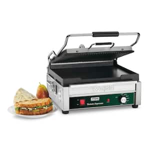 Dual Panini Grill - Ribbed Top Plate Flat Bottom Plate Silver 120-Volt 14.5 in. x 11 in. Cooking Surface