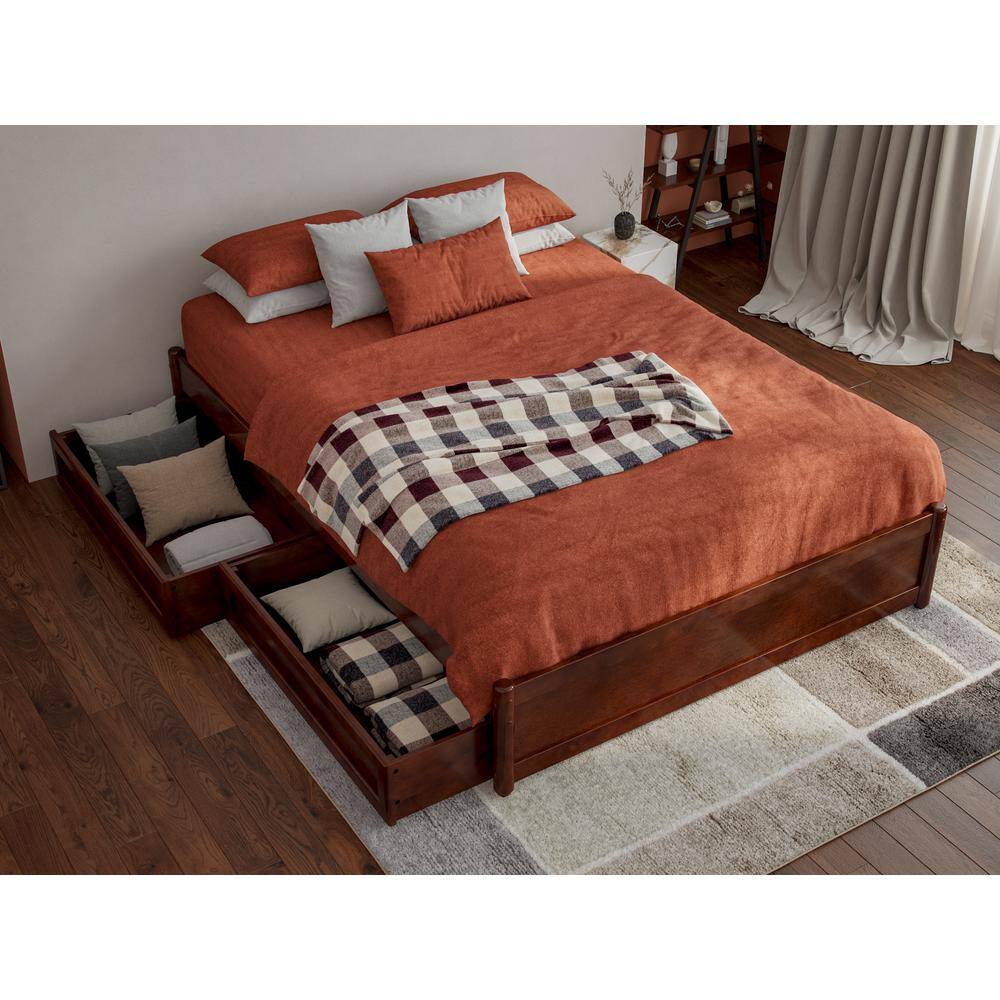 Barcelona Walnut Full Wood Panel Platform Bed with Storage Drawers