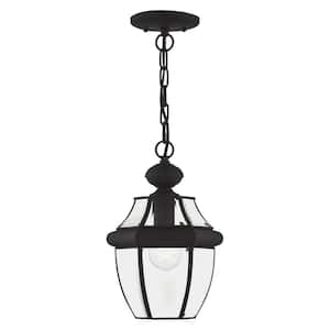Aston 12.75 in. 1-Light Black Dimmable Outdoor Pendant Light with Clear Beveled Glass and No Bulbs Included