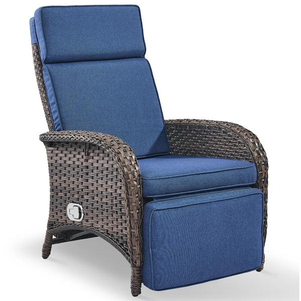 Flat Armrest Series Brown Wicker Outdoor Versatile Outdoor Recliner Chair for Patio with CushionGuard Blue Cushions