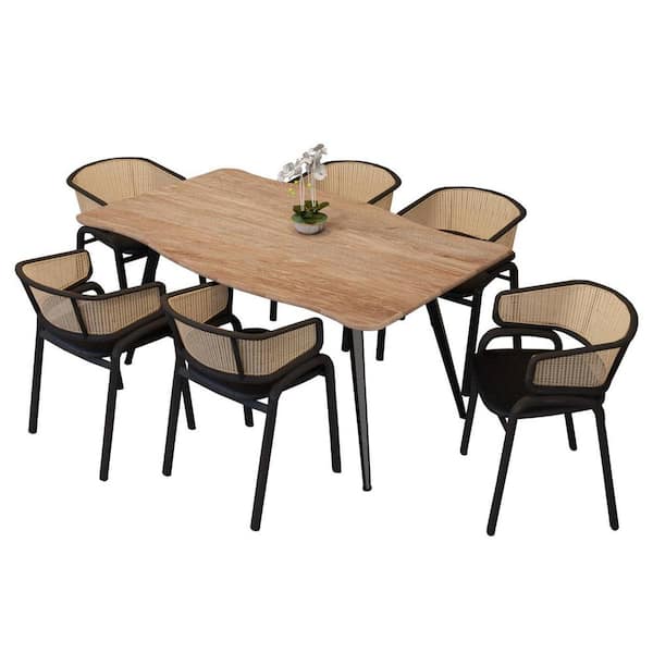 7-Piece Dining Set with 63 in. Wide Table and 6 Velvet Side Chairs with Wicker Back Ravenna Series (Butternut-Black)