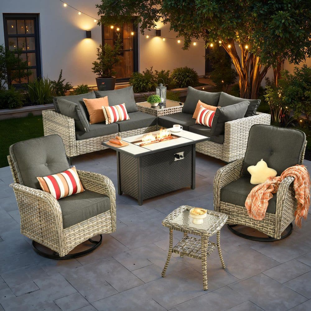Melly Gray 9-Piece Wicker 54 in. Rectangle Fire Pit Patio Conversation Set with Black Cushions and Swivel Chairs price history on PriceWatchPro