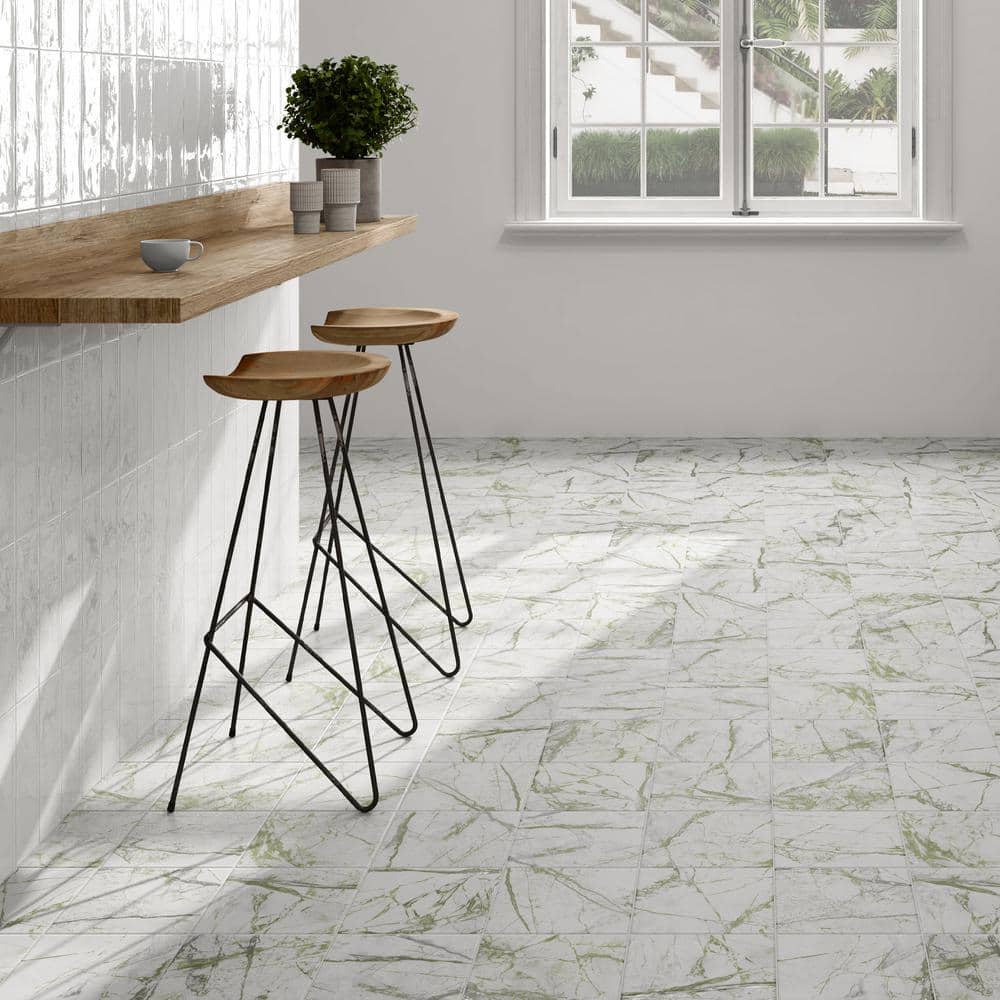 Senzia 8" x 8" Green and White Porcelain Wall and Floor Tile