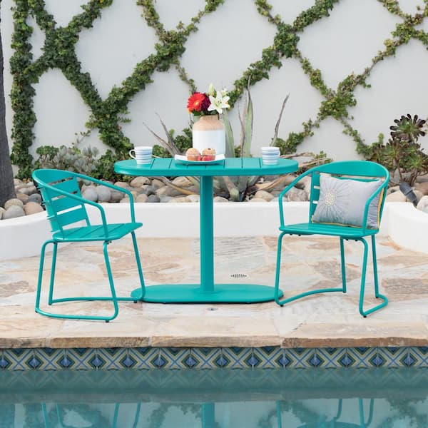 Noble House Matte Teal 3-Piece Metal Oval Outdoor Patio Bistro Set