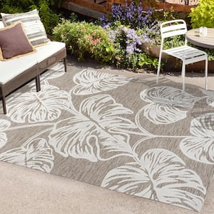 Tobago High-Low Two-Tone Monstera Leaf Brown/Ivory 3 ft. x 5 ft. Indoor/Outdoor Area Rug