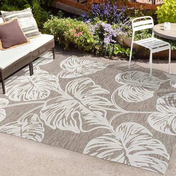 JONATHAN Y Tobago Approximate Rug Size (5 x 8 ft.) High-Low Two-Tone Brown/Ivory Monstera Leaf Indoor/Outdoor Area Rug