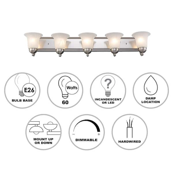 Cabernet Collection 38 in. 5-Light Brushed Nickel Bathroom Vanity Light Fixture with White Marbleized Glass Shades