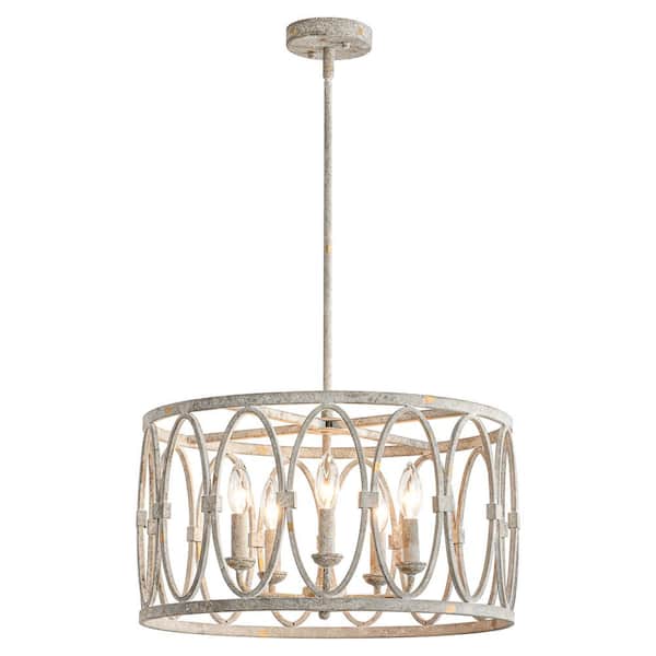 Boun 5-Light Modern Industrial Antique White Geometric Drum Chandelier for Dining Room and Kitchen Island