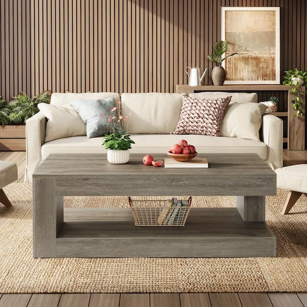 BYBLIGHT Allan 47.24 in. Gray Rectangle Wood Coffee Table with 2-Tier Storage, Farmhouse Center Tea Table Bedroom Living Room