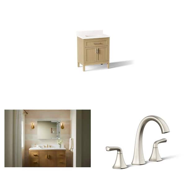 Hadron 31 in. Light Oak Vanity with White Quartz Top, 25 in. Medicine Cabinet, and Sundae Faucet Combo