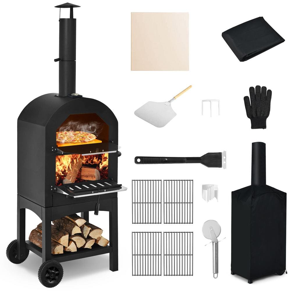 Costway Outdoor Pizza Oven Wood Fire Pizza Maker Grill w/ Pizza Stone & Waterproof Cover Black