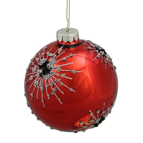 Christmas Ornament Ball Red Glass Glittery Ribbons Snowflakes